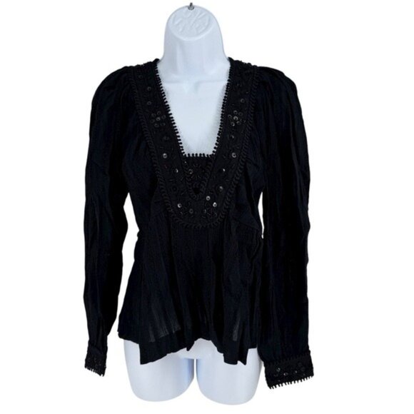Sea New York NEW Charlotte Black Embellished Long Sleeve V Neck Top Size S - Picture 3 of 11
